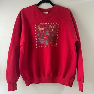 Vintage‎ Red Lee Sweatshirt XL Embroidered Nordic Christmas Moose Deer Cabin